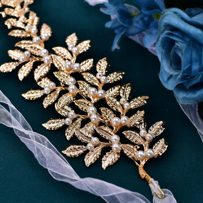 Bridal headband alloy with gold-tone leaf design and pearl beads by CJ
