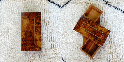 Rotating wooden jewelry box by edenista in rich burl wood finish; Moroccan handmade design
