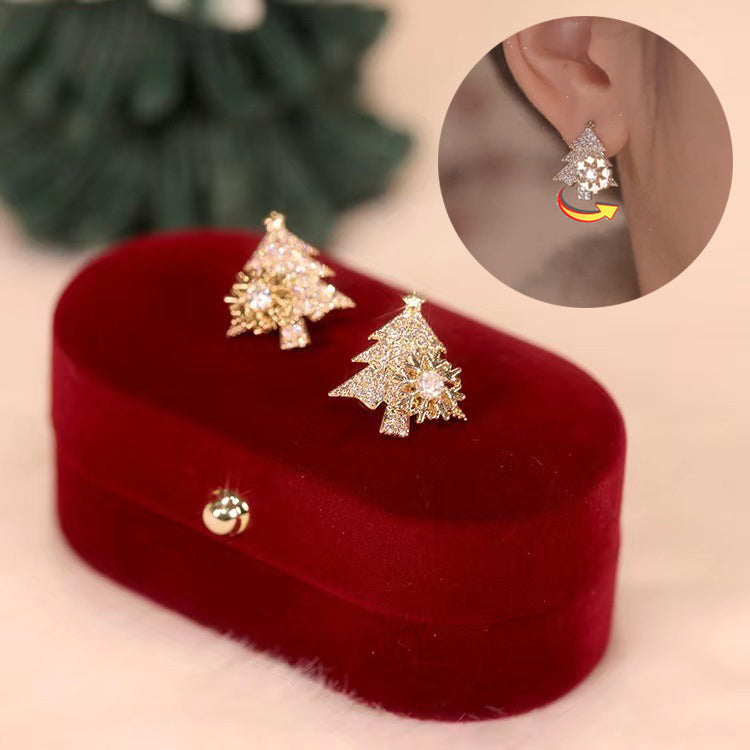 Rotatable Christmas Tree Earrings Shiny Rhinestone Snowflake Stud Earring New Year Xmas Festival Ear Jewelry Gifts Autumn And Winter by edenista