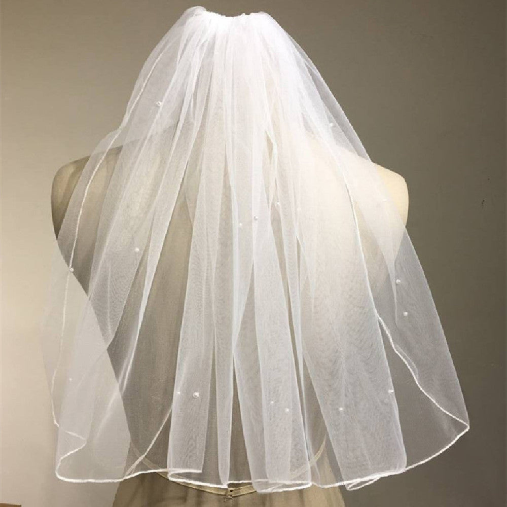 Bridal short pearl veil, CJ white tulle with tiny pearl accents.