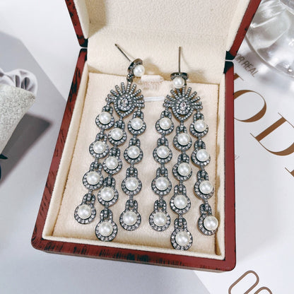 Micro Inlay Zircon Style Beaded Fringe Earrings, CJ brand, silver-tone with pearl beads, pair