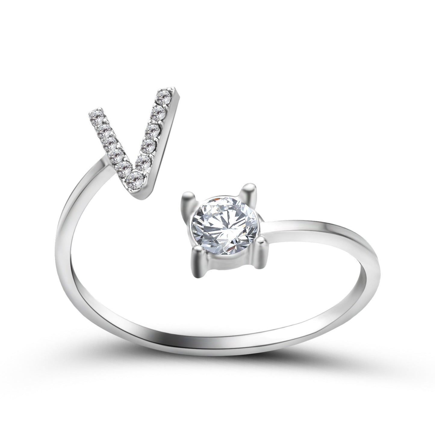 Adjustable silver-tone ring with a V-shaped crystal row and a solitaire round stone.
