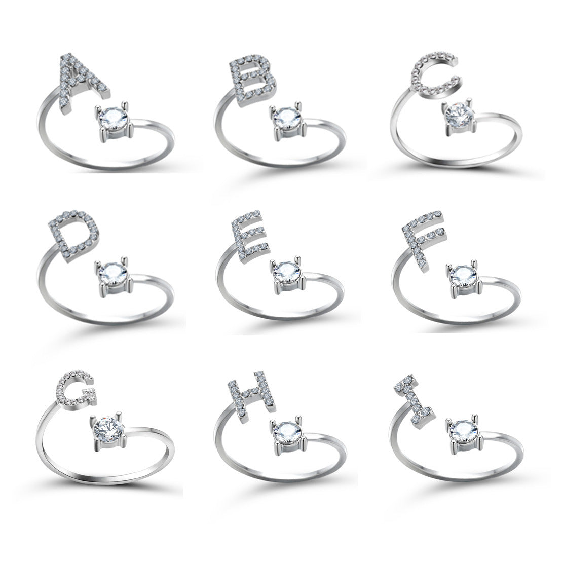 New Design Adjustable Initial Letter Ring for Women by edenista, silver-tone with cubic zirconia accents