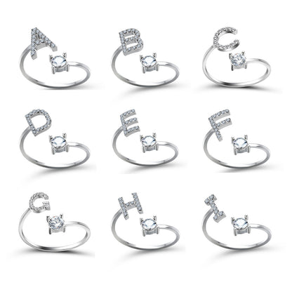 New Design Adjustable Initial Letter Ring for Women by edenista, silver-tone with cubic zirconia accents