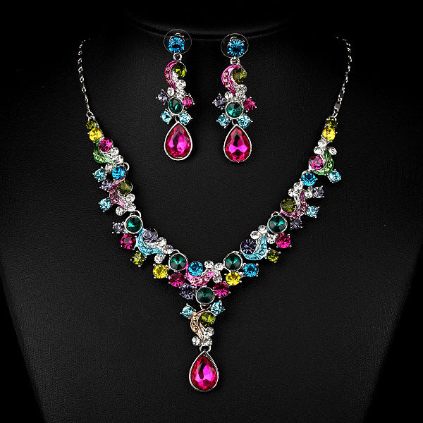 Two-piece jewelry set: multicolor crystal necklace with matching drop earrings, silver-tone, cj.