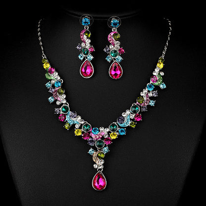 Two-piece jewelry set: multicolor crystal necklace with matching drop earrings, silver-tone, cj.