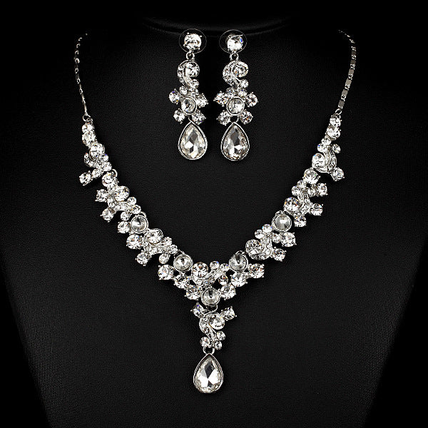 Wedding jewelry set: CJ imported clear crystal necklace and matching teardrop earrings