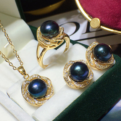 4-piece freshwater pearl jewelry set for women: gold-tone necklace, ring, and earrings with dark blue pearls