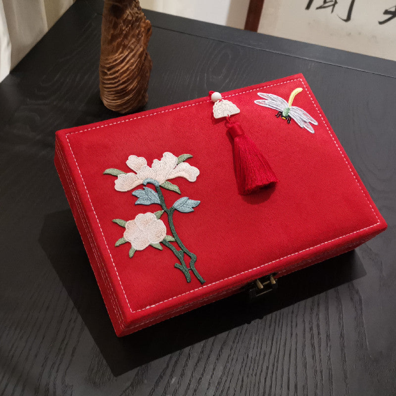 edenista red flannel jewelry box with embroidered white flowers, dragonfly motif, and red tassel