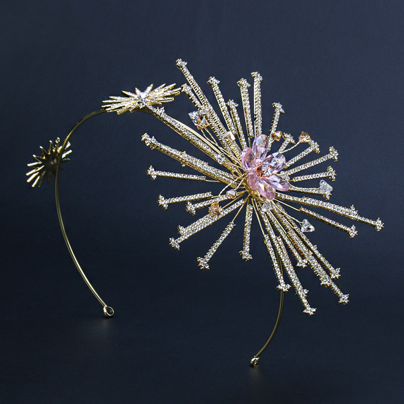 Bridal rhinestone headband hair accessory, gold-tone with starburst crystal centerpiece and pink accents