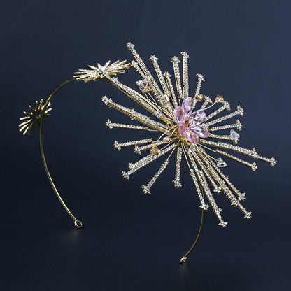 Bridal rhinestone headband hair accessory, gold-tone with starburst crystal centerpiece and pink accents