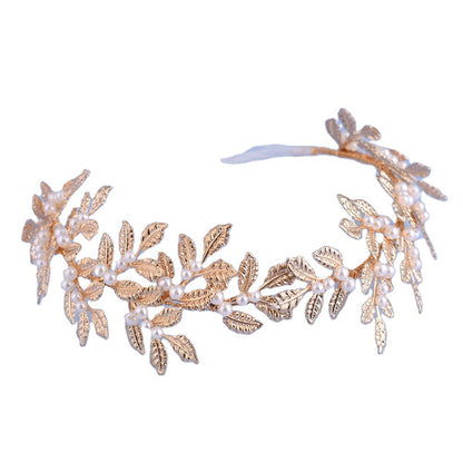 Bridal headband alloy hair accessory with gold-tone leaf design and pearl beads by cj