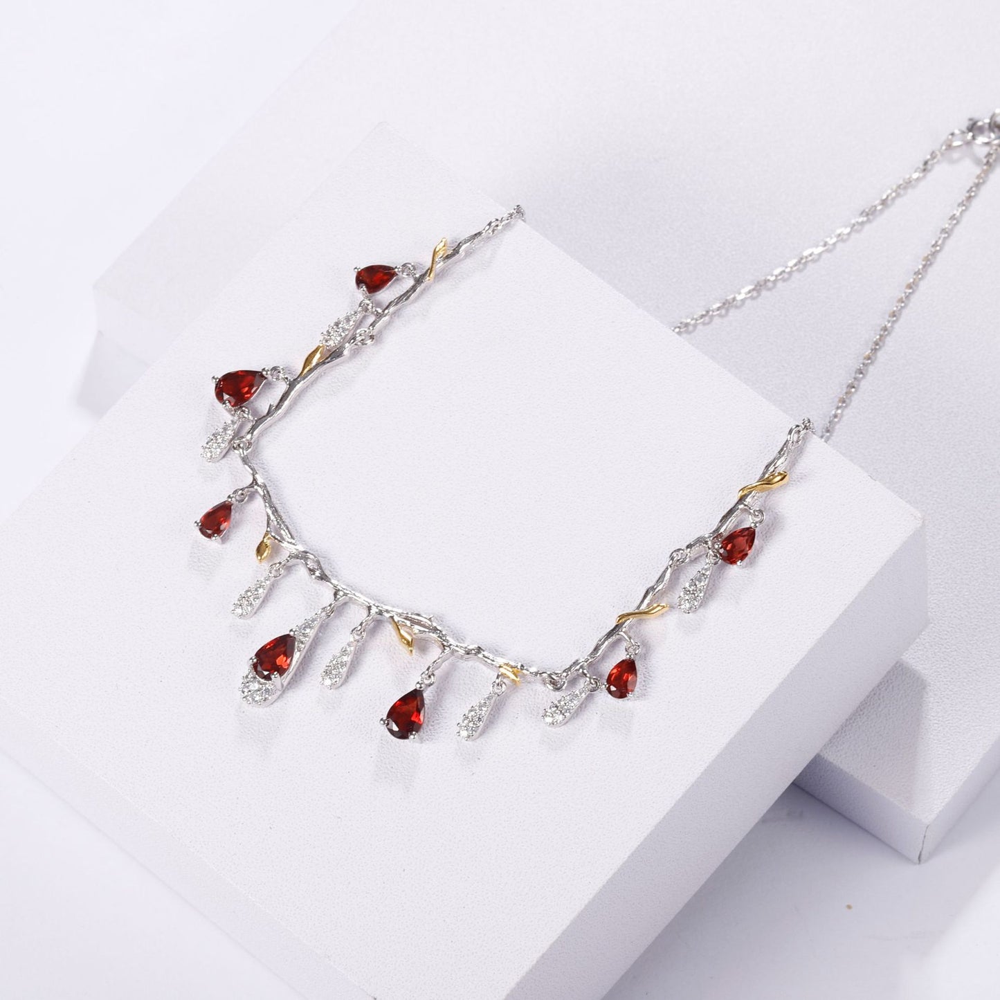 S925 Silver Natural Topaz Necklace with red teardrop stones and crystal accents