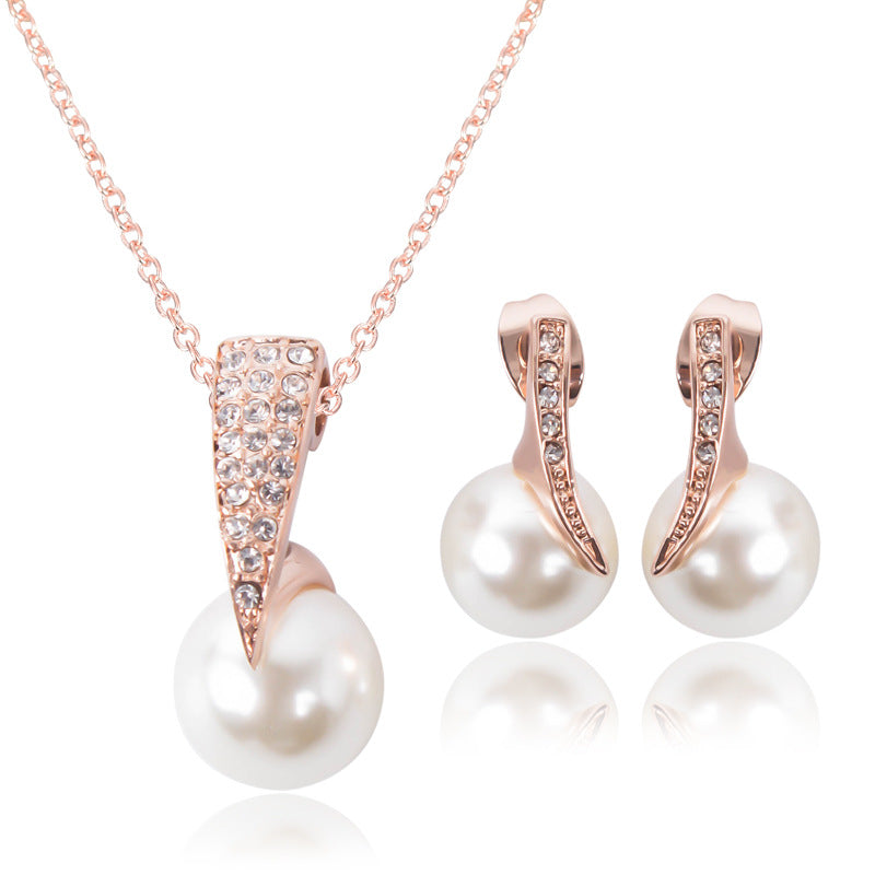 3-piece Bridal Pearl Necklace Set, rose gold with crystal-embellished pearl pendant and matching earrings
