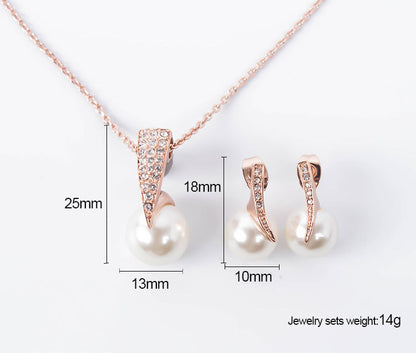Creative Bridal Pearl Necklace Earrings Jewelry Set by CJ, rose-gold tone with pearl pendants and pavé crystals, 2-piece.