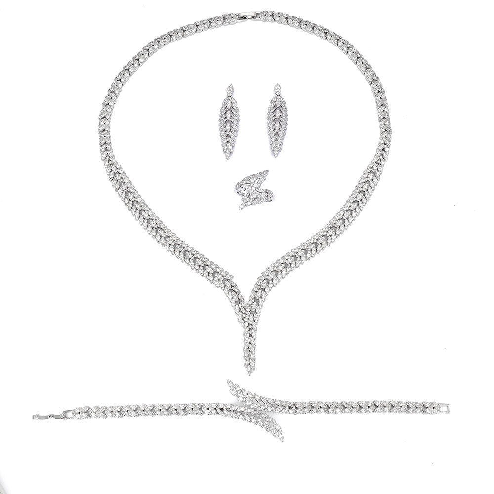 cj 3A Zircon 4-piece jewelry set: necklace, bracelet, ring and earrings with clear crystals