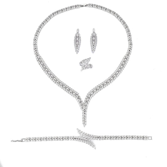 cj 3A Zircon 4-piece jewelry set: necklace, bracelet, ring and earrings with clear crystals