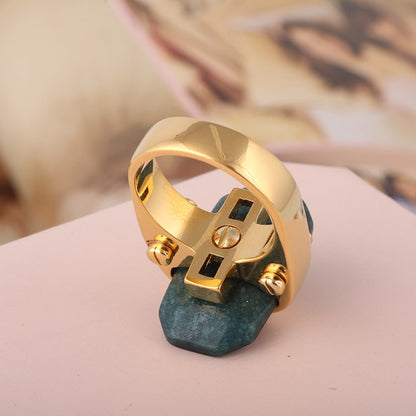 Rectangular natural stone ring in gold with blue-green stone, cj brand