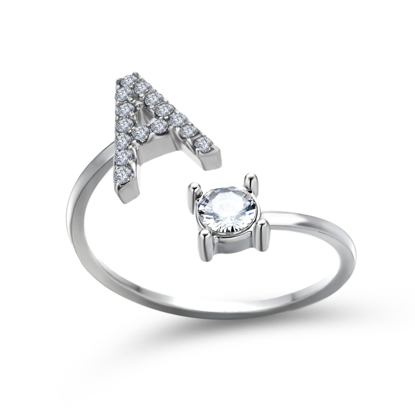 Ring adjustable silver-tone with triangular cluster of pave crystals and a prong-set solitaire stone