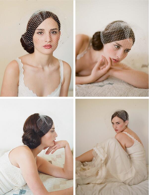 Bridal veil with rhinestone mesh on a hair comb; white birdcage veil