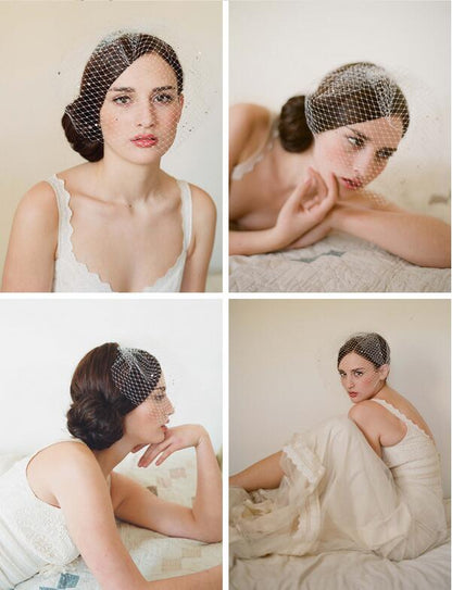 Bridal veil with rhinestone mesh on a hair comb; white birdcage veil