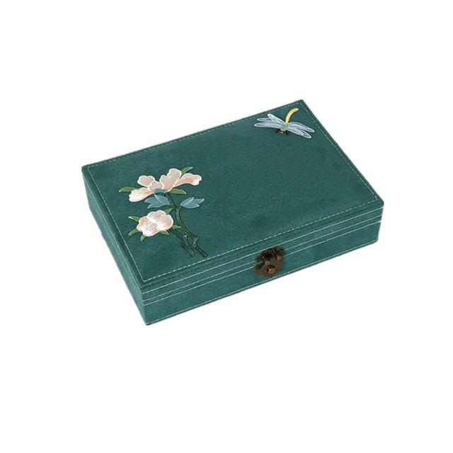 Jewelry box by Edenista in teal with floral embroidery and dragonfly motif, metal clasp
