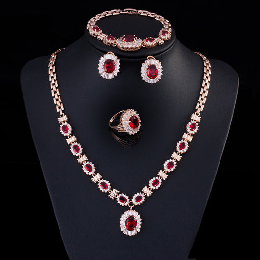 Big Brand Retro Zircon Necklace Set; rose-gold with red stones; necklace, earrings, bracelet, ring.