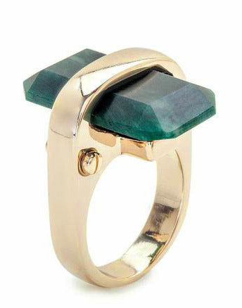 Rectangular natural stone ring with emerald-green gemstone set in gold-tone metal