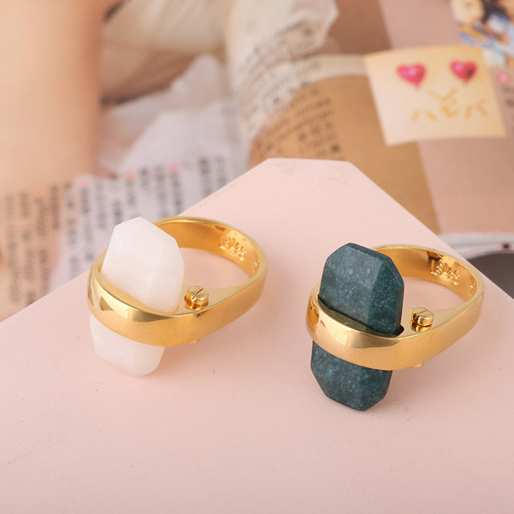 Rectangular natural stone rings on gold bands; white and teal stones, CJ brand, set of 2