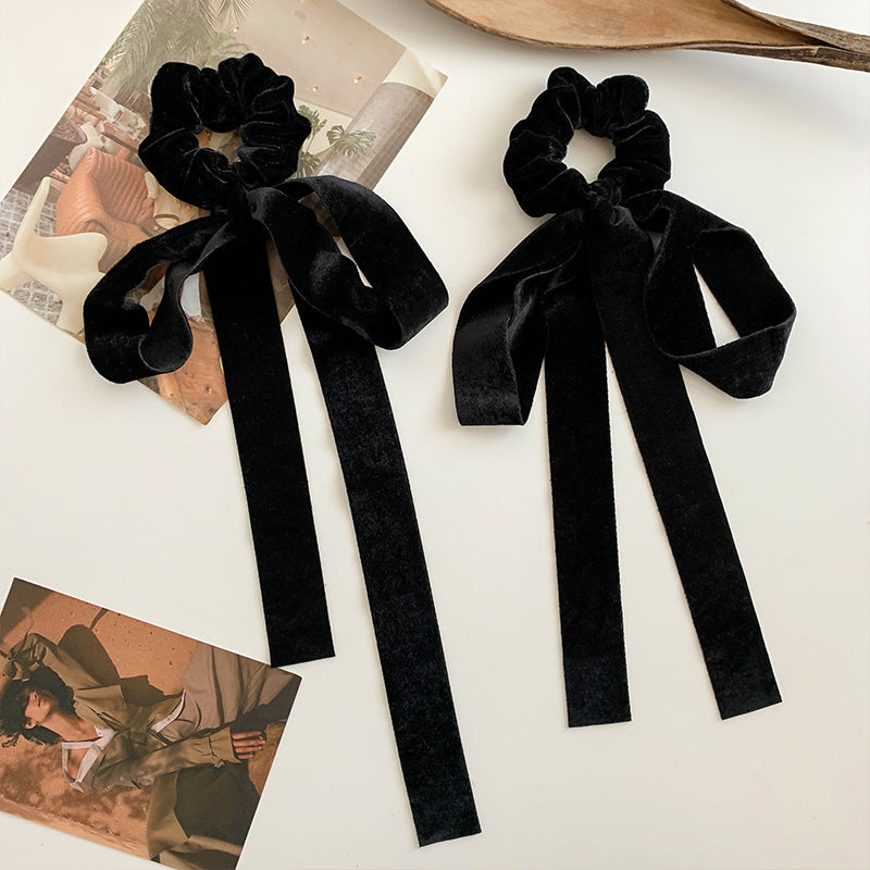 Women's Simple Temperament Pearl Ribbon Hairband With Bow Knot, black velvet, set of 2