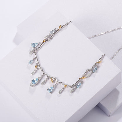 S925 silver natural topaz necklace with blue teardrop stones and crystal accents