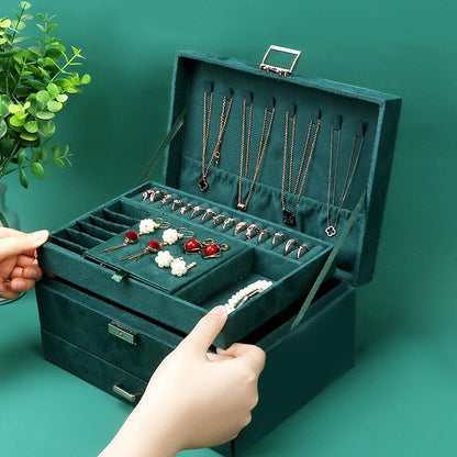 Green velvet 3-layer large jewelry box with necklace storage and rings and earrings compartments