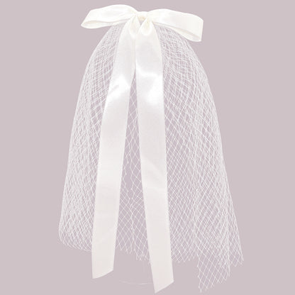 Ladies Fashion Ribbon Bridal Veil Short CJ, white netting with satin ribbon bow