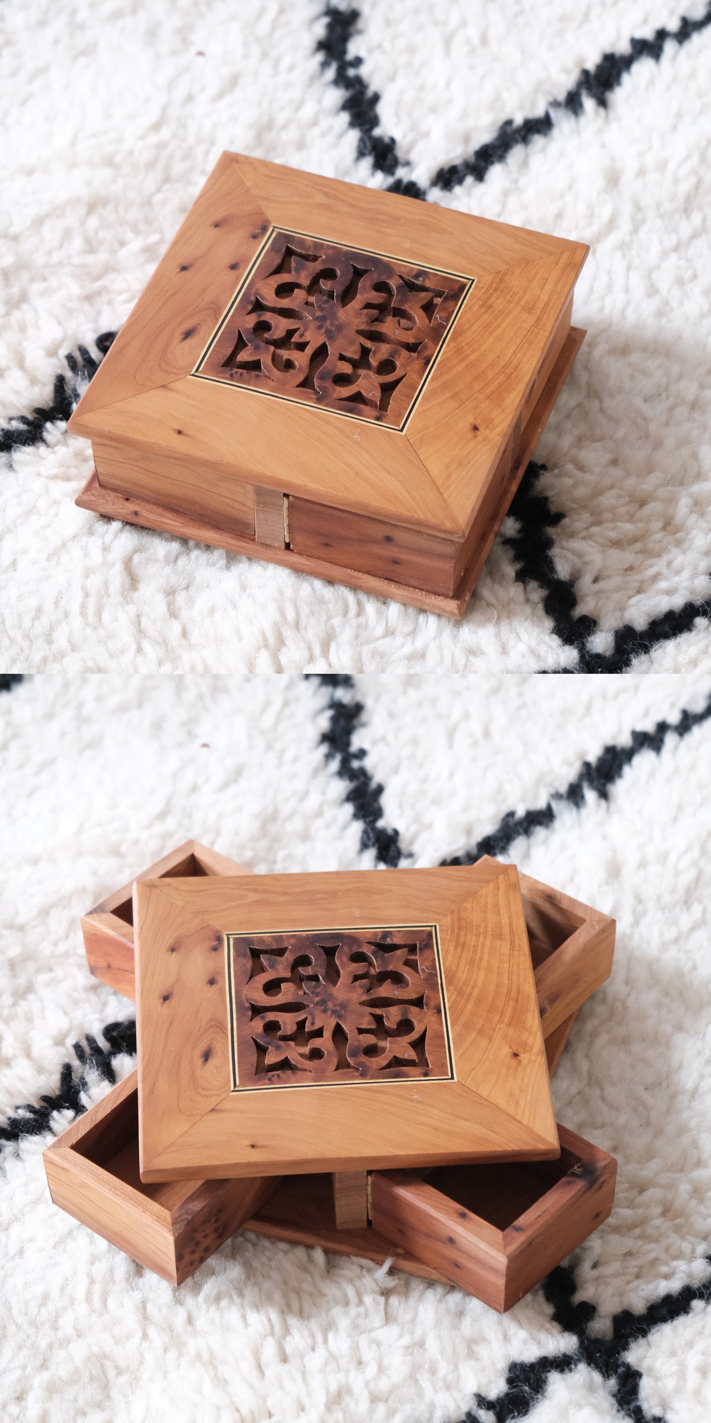 Moroccan handmade rotating wooden jewelry box with carved lattice top