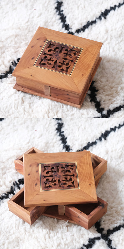 Moroccan handmade rotating wooden jewelry box with carved lattice top