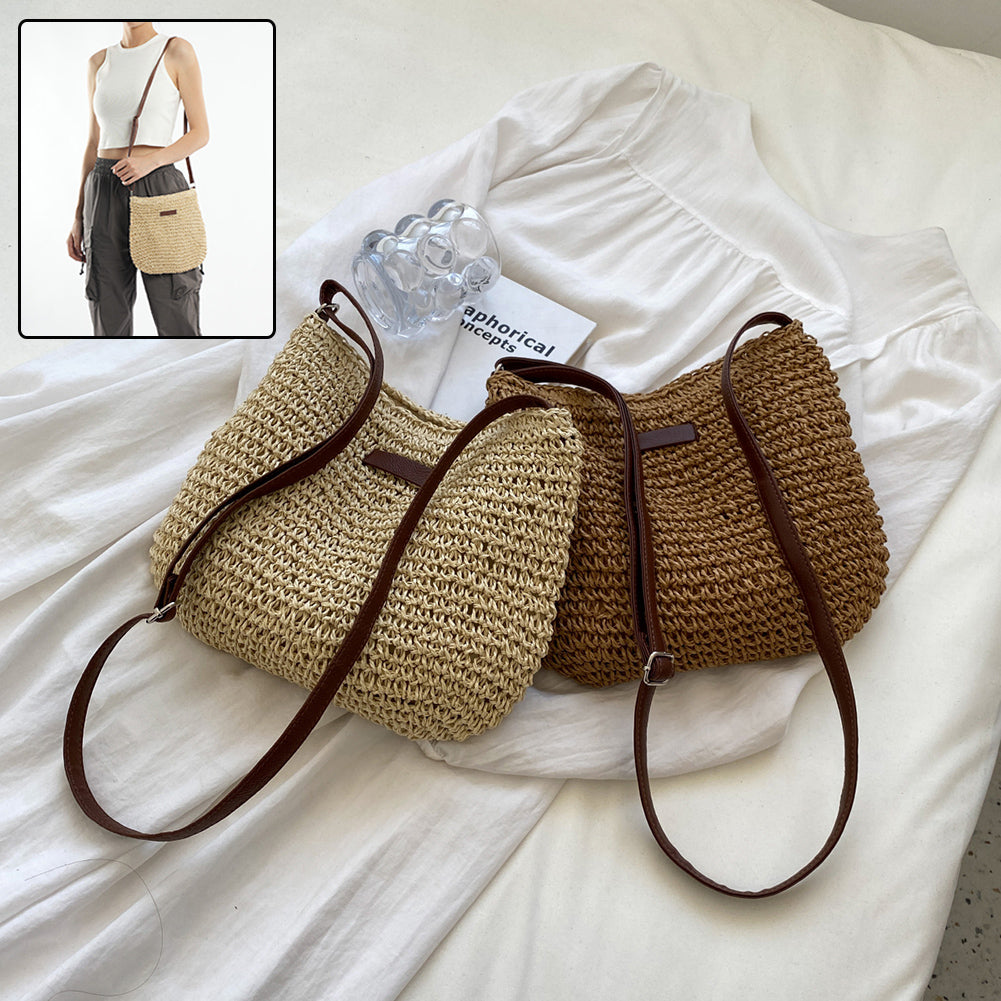 Niche Design Vacation Straw Tote Bags by CJ, beige and brown straw with leather straps (2)