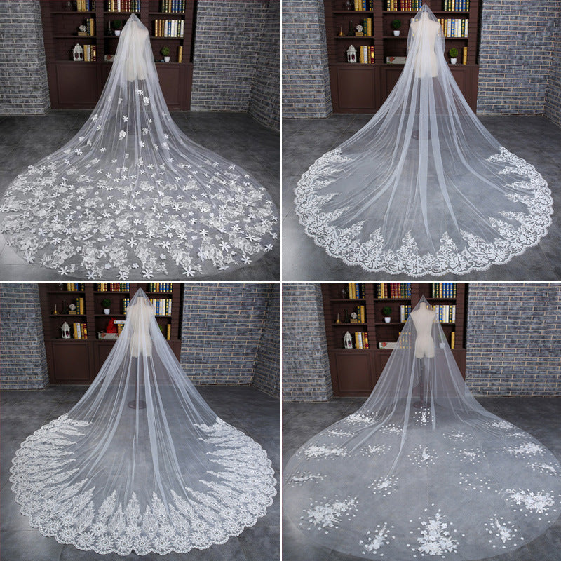 Bridal veil lace long train, white tulle with floral lace edging, 3 meters