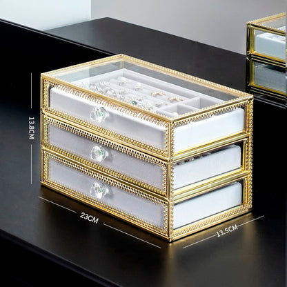 edenista Copper Edge Glass Jewelry Storage Box with 3 white velvet-lined drawers and glass lid