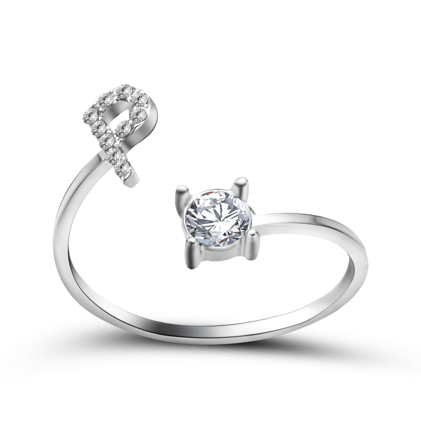 Adjustable ring in silver-tone with pave diamonds and a prong-set center diamond.