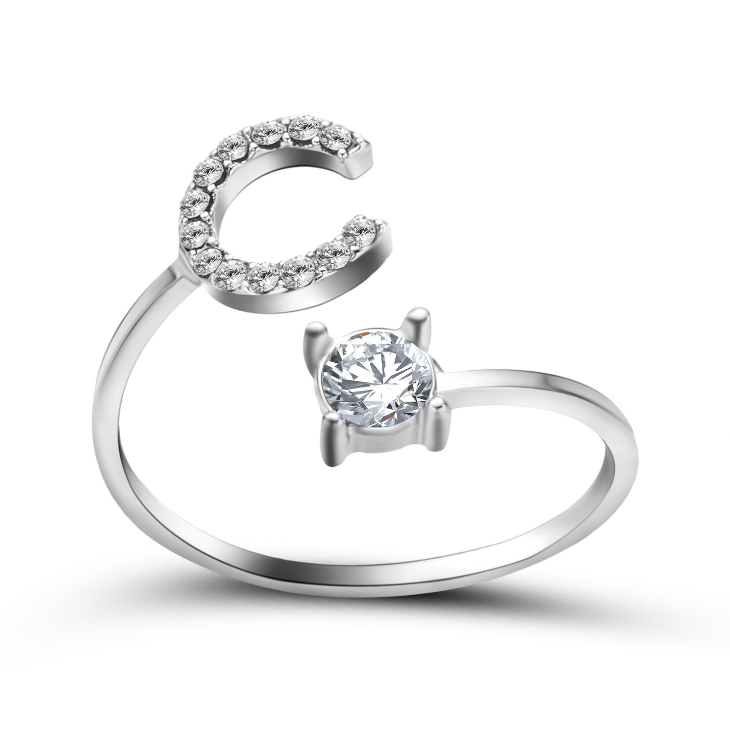 Edenista adjustable two-ring set in silver with pave-arc initial-letter ring and solitaire prong-set ring