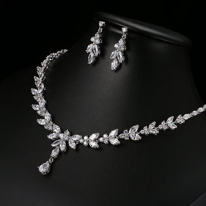 Zircon Simple Bridal Set by cj, silver-tone necklace and matching drop earrings with clear stones.