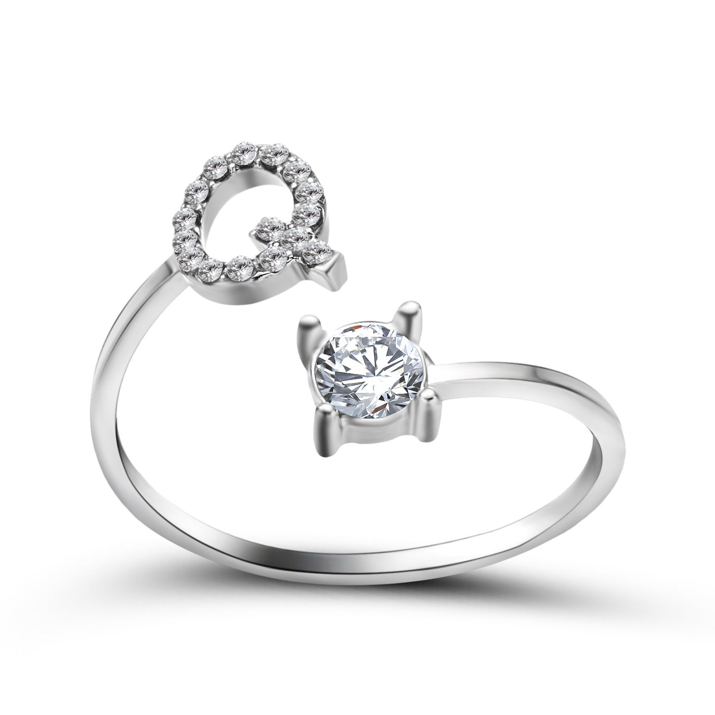 edenista New Design Initial Letter Ring set, two adjustable silver-tone rings with diamond halo and solitaire