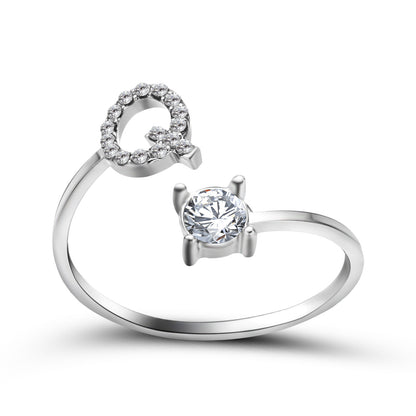 edenista New Design Initial Letter Ring set, two adjustable silver-tone rings with diamond halo and solitaire