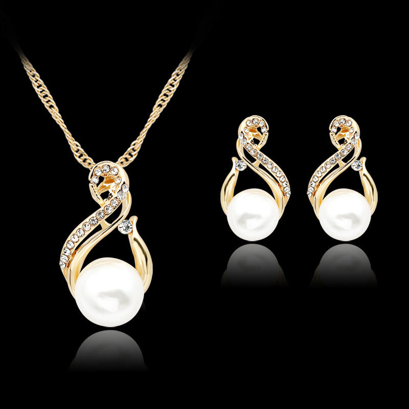 Pearl necklace and earrings 3-piece gold-tone set with crystal accents