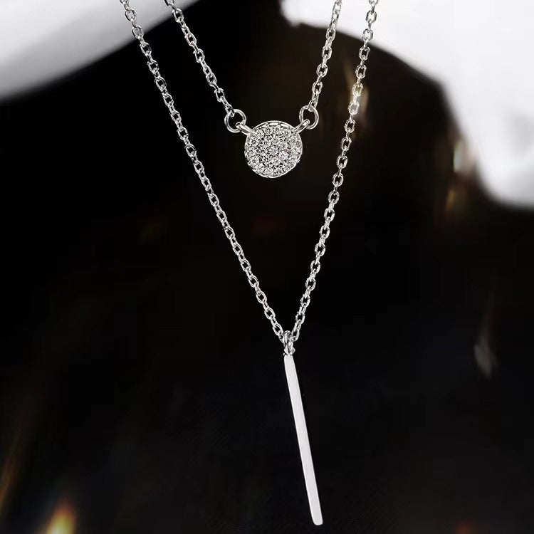 S925 Silver Color Double Chain Long Stick Micro Pave Zircon Round Pendant Necklaces For Women Trendy Jewelry by edenista