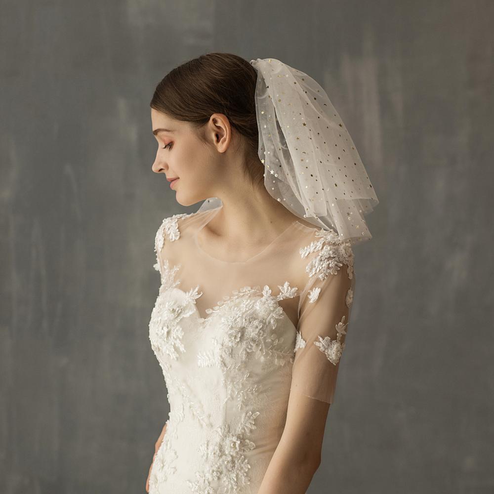 White yarn bridal multi-layer short veil with star-embellished tulle