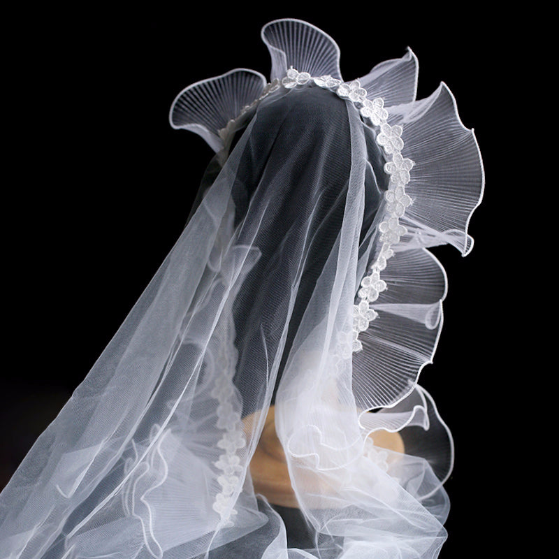 Vintage fairytale bridal lace veil by CJ, sheer with floral lace edge and ruffled trim.