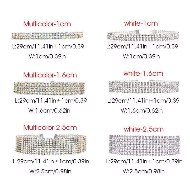 Fashion Women crystal rhinestone choker necklace by CJ; six styles in multicolor and white, widths 1cm, 1.6cm, 2.5cm.