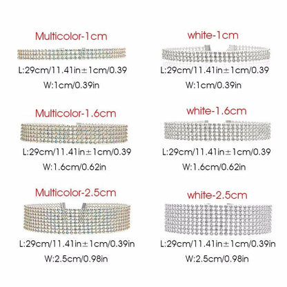Fashion Women crystal rhinestone choker necklace by CJ; six styles in multicolor and white, widths 1cm, 1.6cm, 2.5cm.
