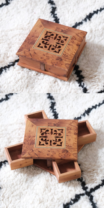 Set of 3 edenista Moroccan handmade rotating wooden jewelry boxes with carved lids